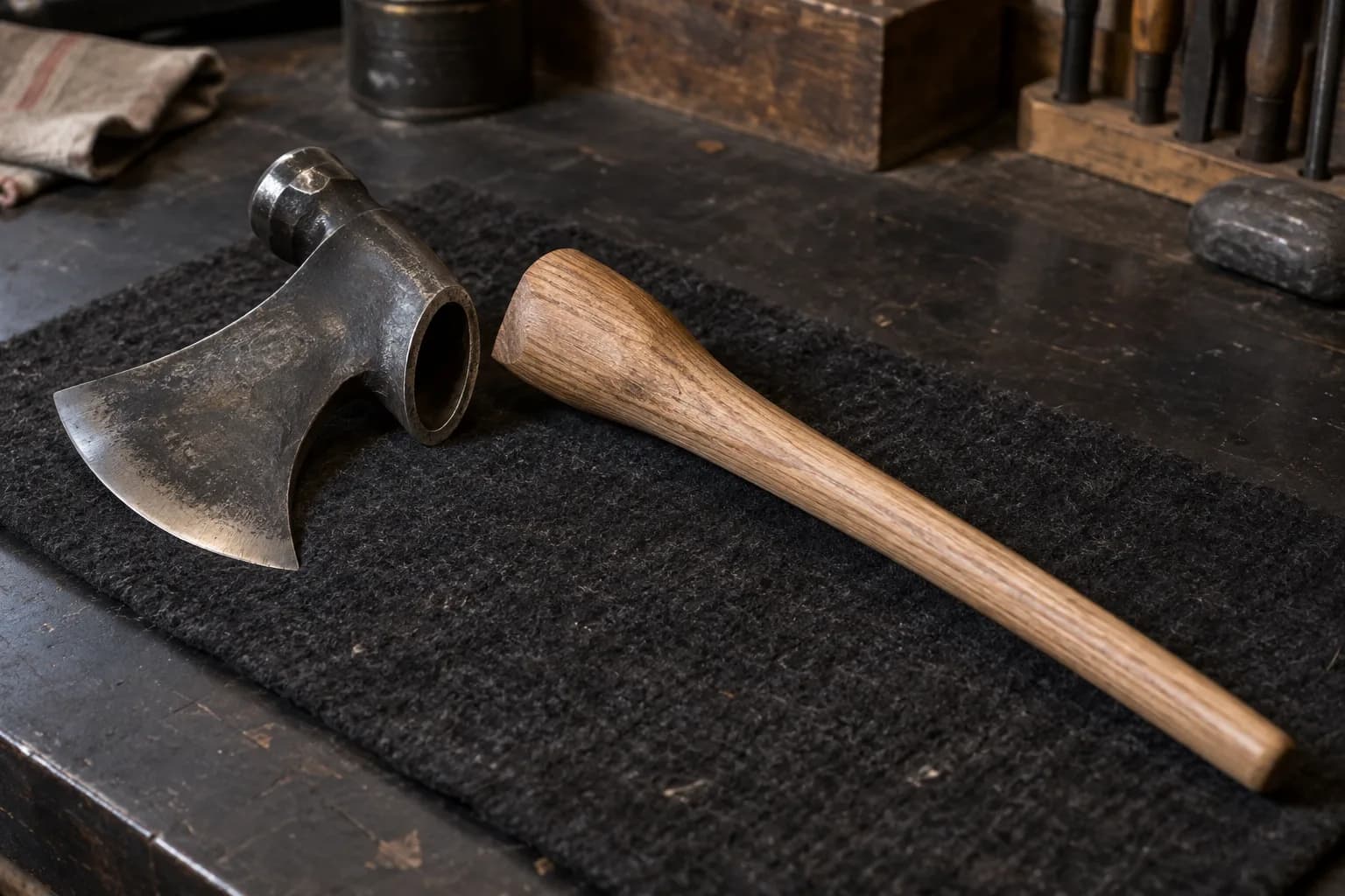 Plain tomahawk head beside a straight oak haft with a swollen, tapered upper end, laid apart on felt