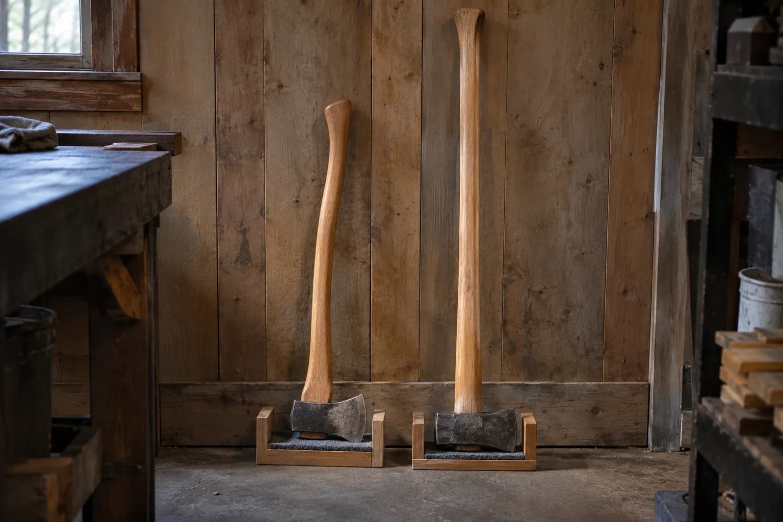 Curved-haft felling axe beside a larger long-hafted maul, each head in a padded wooden cradle against a plank shop wall