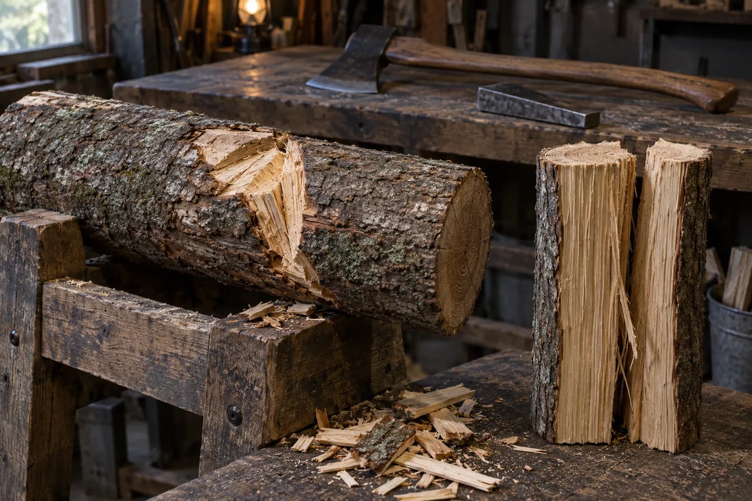 Notched log on a sawhorse with chips beside a split round, an axe and a steel wedge resting on the bench behind