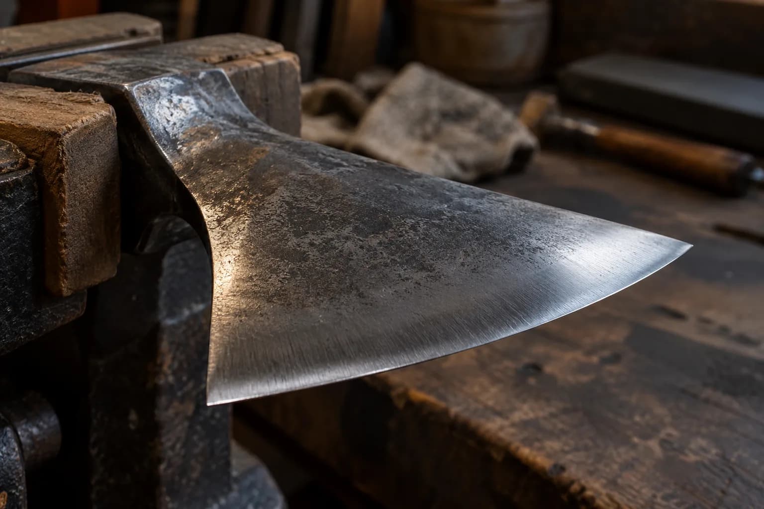 Cold axe head clamped in a wood-jawed vise, its bit curving smoothly from dark cheek to a polished apex under grazing light.