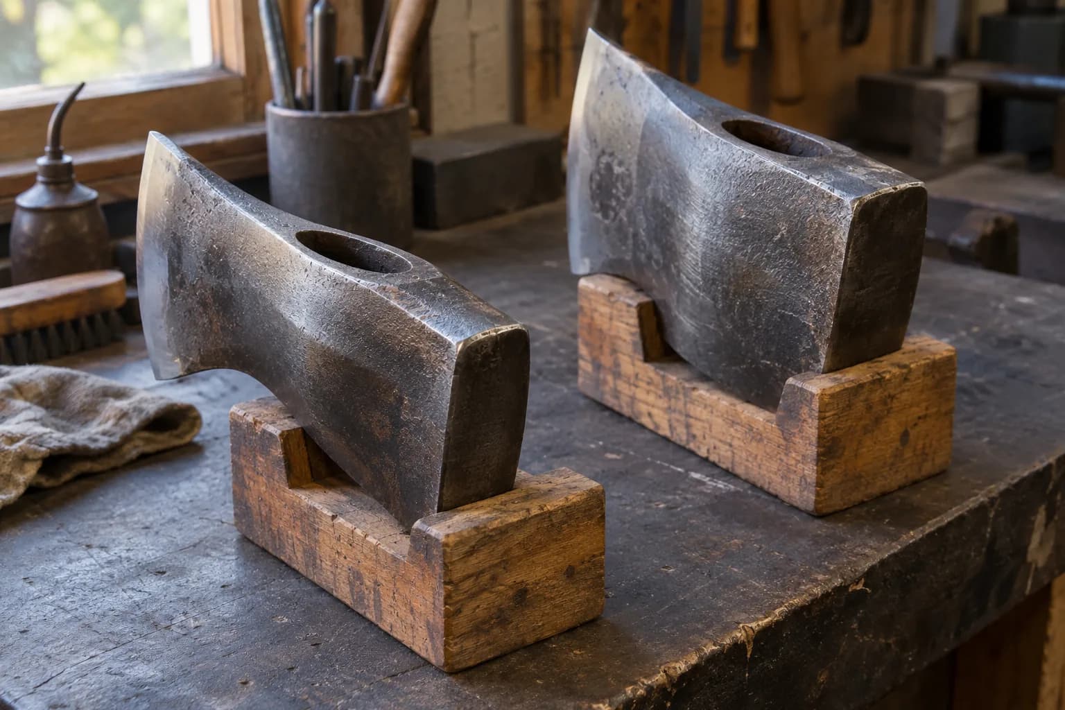 Two forged axe heads on wooden cradles, poll ends toward the camera, with oval eye openings on top and flared bits at the rear.