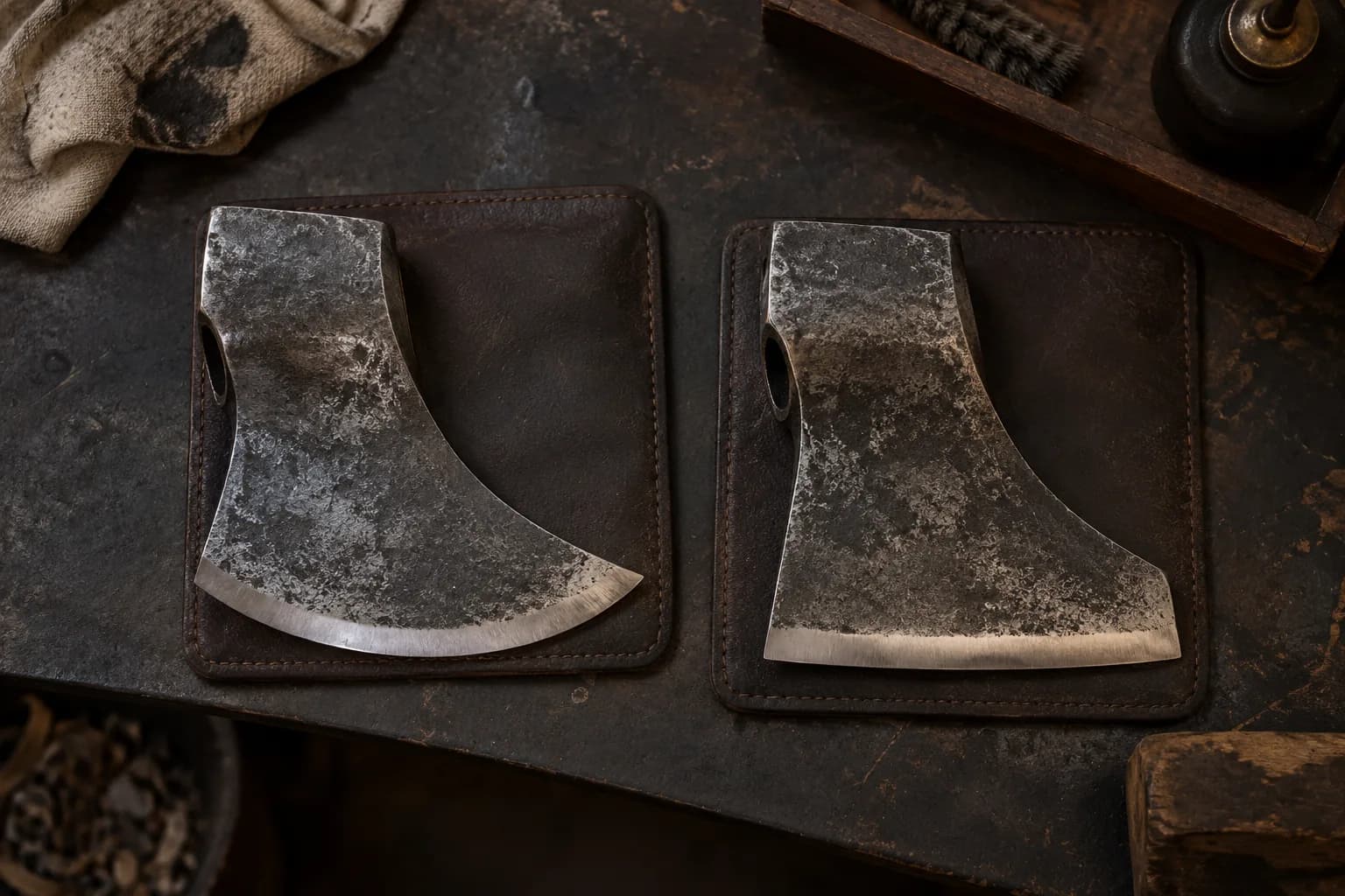 Two worn axe heads on dark leather pads from above: left with a curved crescent bit, right with a straighter bit