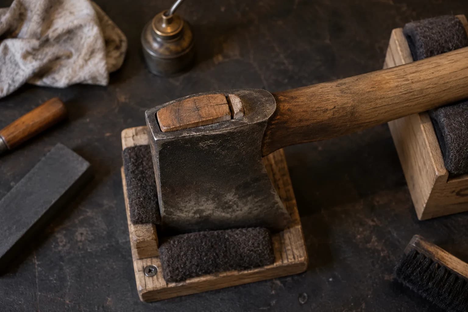 Axe head in a padded wooden cradle, the eye's wood wedge sitting proud with a split beside it, haft on a support.