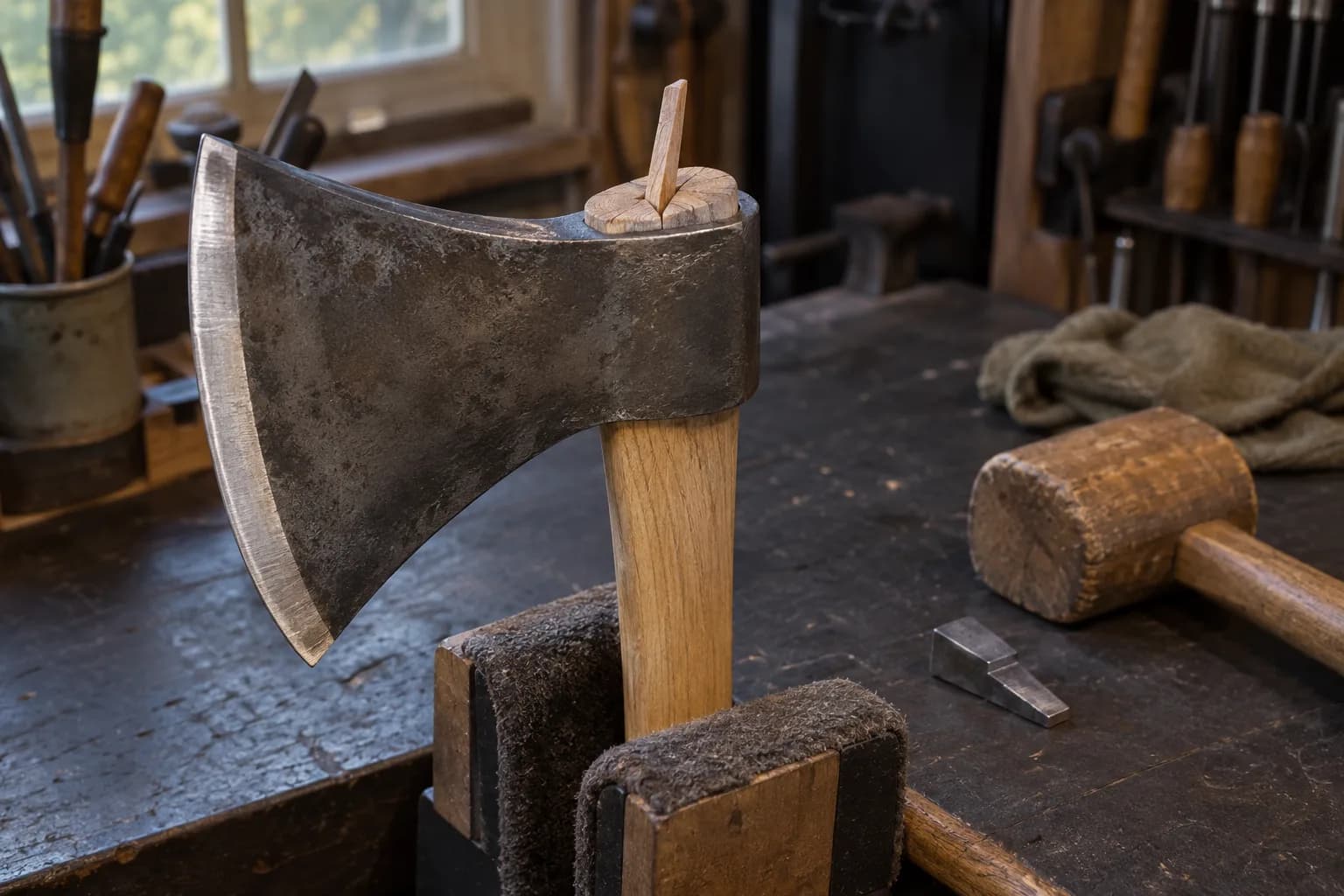 Oak wedge started into the kerf of a new axe haft, with a wooden mallet and steel step wedge resting on the bench