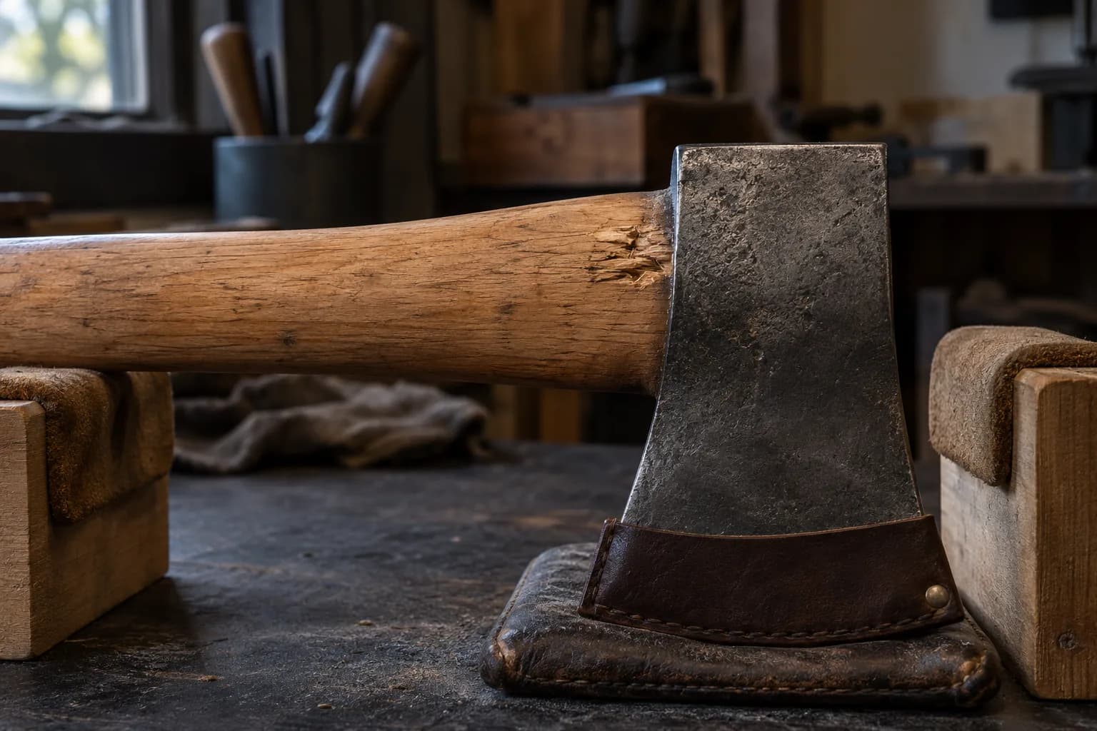 Oak axe haft below the head, with a crushed, splintered overstrike bruise at the shoulder; head rests guarded on a leather pad.