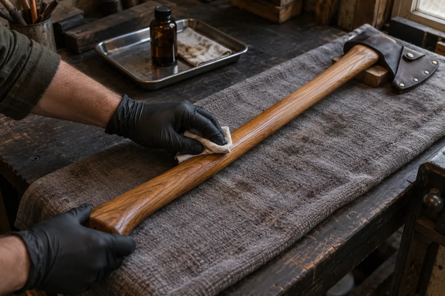 Black-gloved hand wiping a thin oil film along an oak axe haft laid diagonally on a gray towel, sheathed head at the far end.