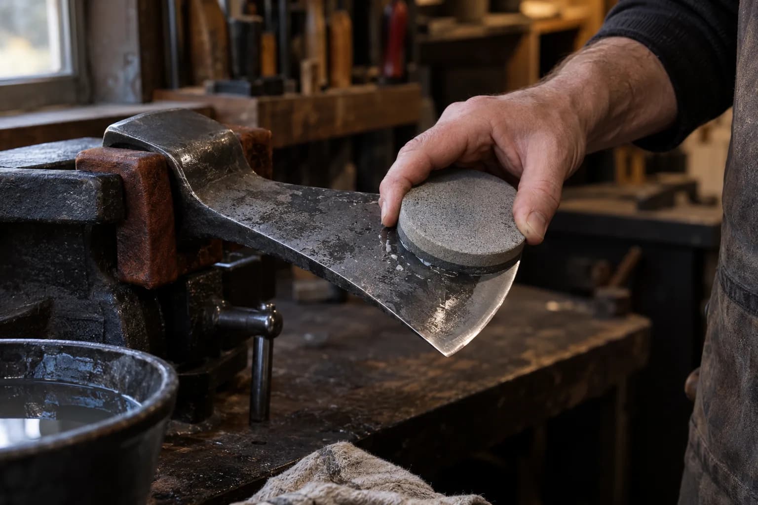 Hand presses a round gray sharpening puck flat on the wet cheek of an axe head clamped in padded vise jaws, water bowl nearby.