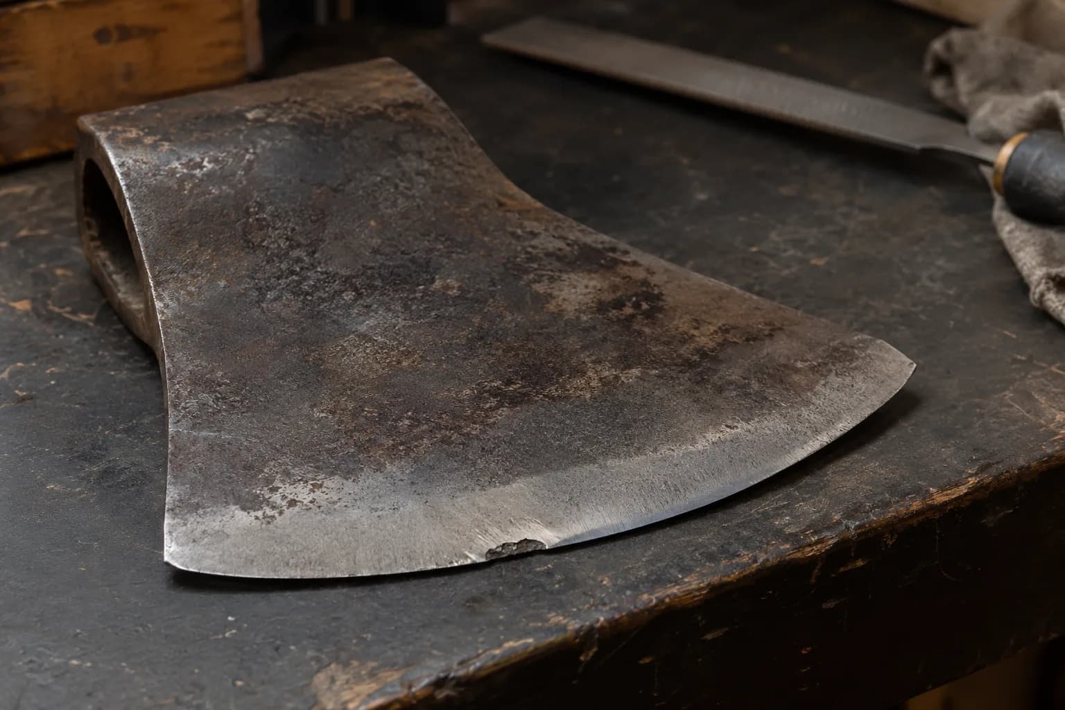 Old single-bit axe head lying on its cheek on a dark bench with one small shallow chip in the curved bit