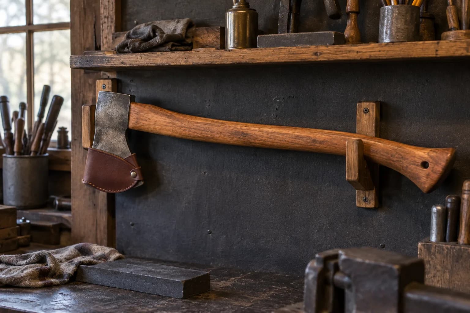 Axe hung on a wooden wall rack with a brown leather edge mask on the bit and a oiled wooden haft