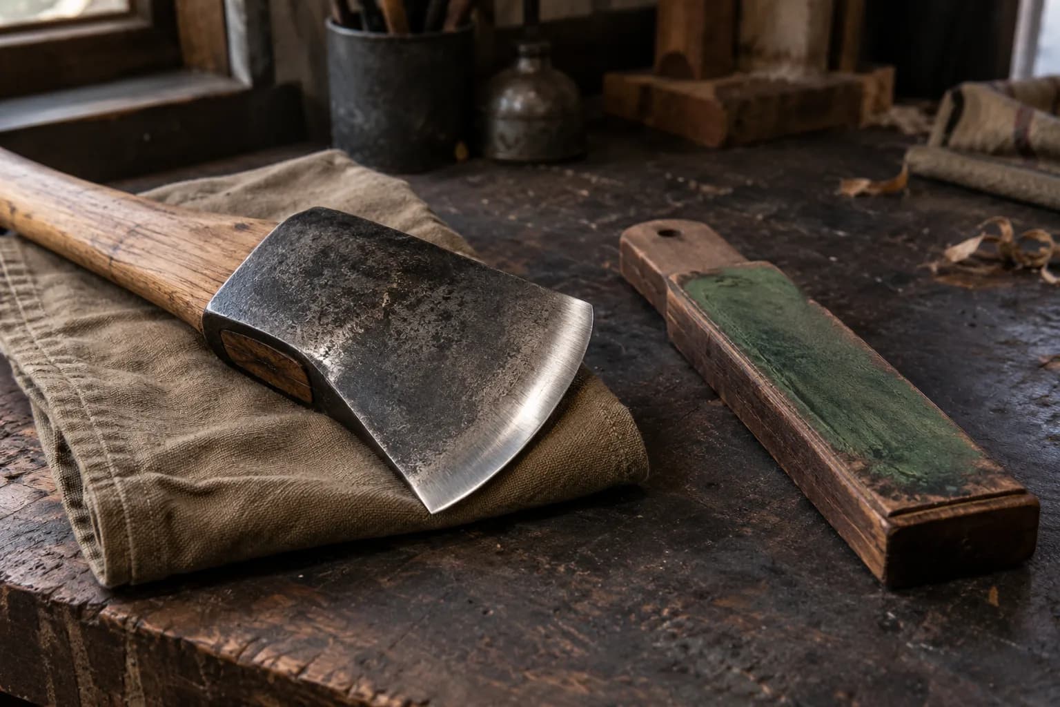 Single-bit axe on its cheek on folded canvas with a polished curved bit, beside a wooden paddle strop with green compound.
