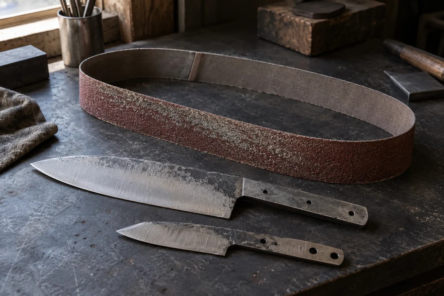 Worn red-brown abrasive belt standing as a loop behind a chef blank and a small utility blank on a dark bench.