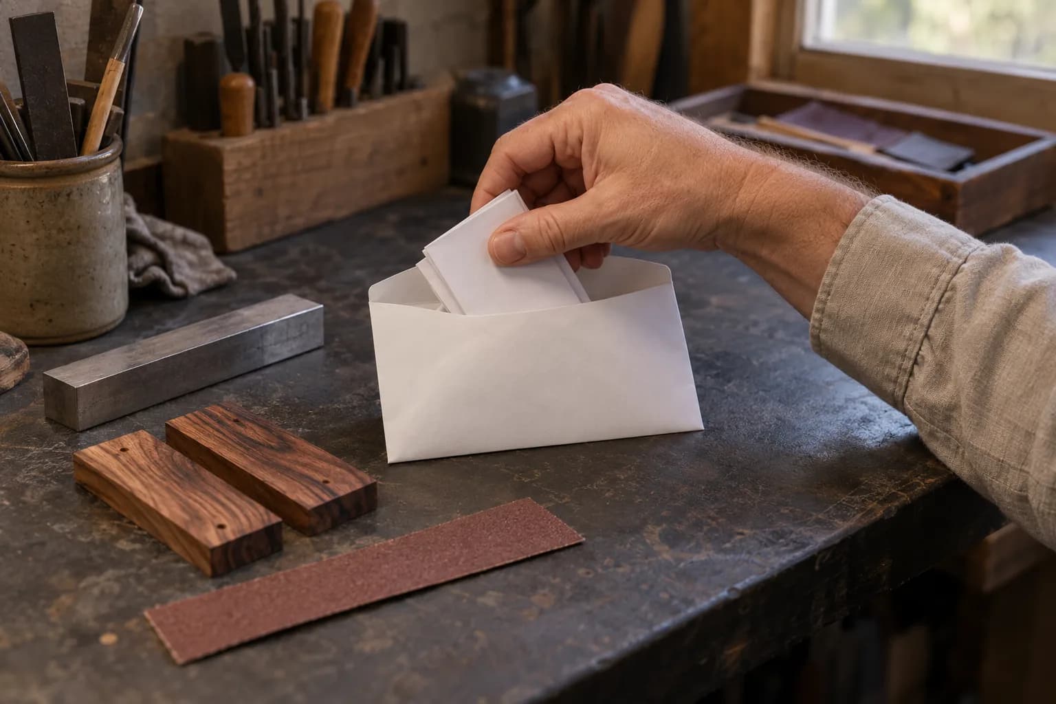 Hand tucking folded blank slips into a plain envelope beside a steel bar, two wood scale blocks and a sandpaper strip.