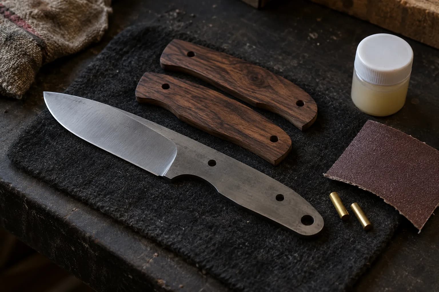 Full-tang knife blank on black felt beside two wood scales, two brass pins, a sandpaper offcut and a plain capped jar.