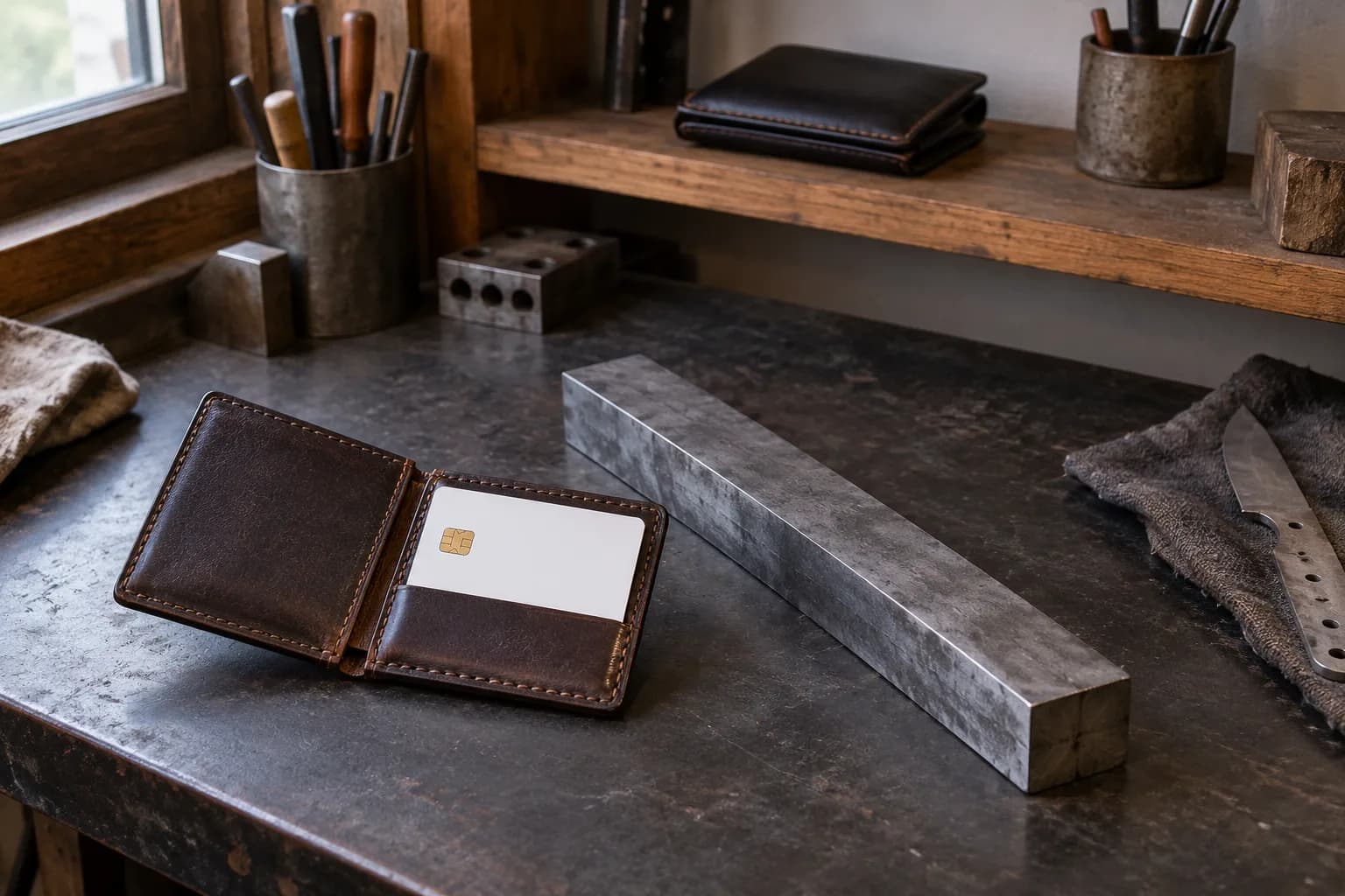Open leather wallet with a blank chip card beside a steel bar on a shop bench, a second wallet closed on the shelf behind