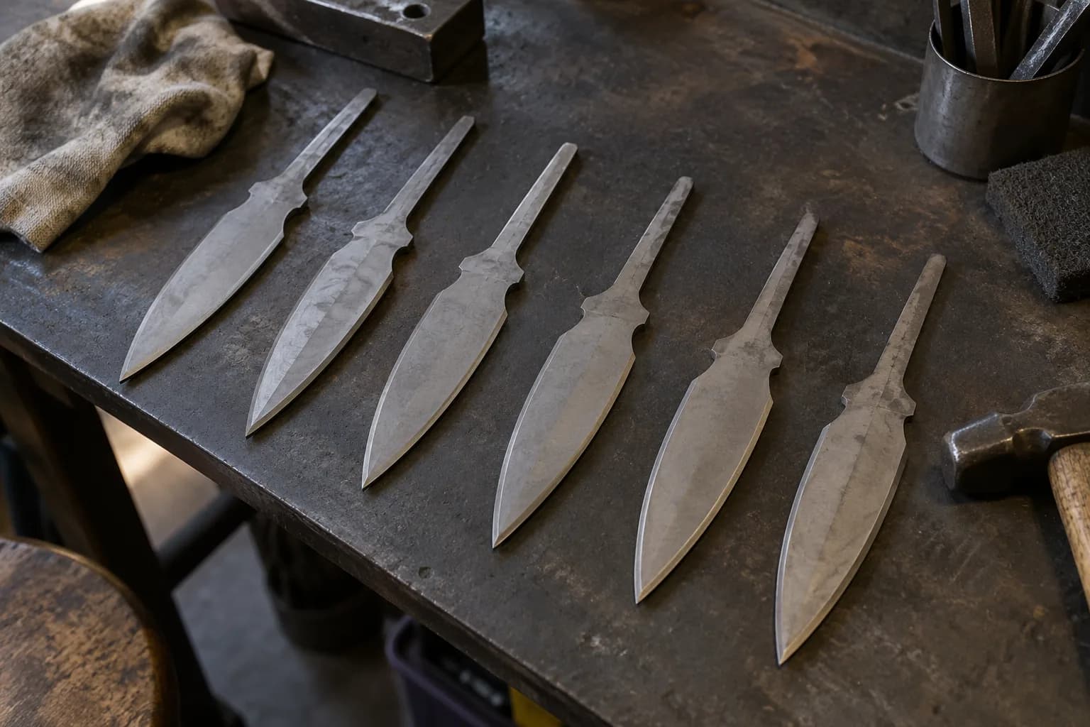 Six matching tanged dagger blanks lined up flat in a row on a dark steel bench, with a hammer and rag nearby.