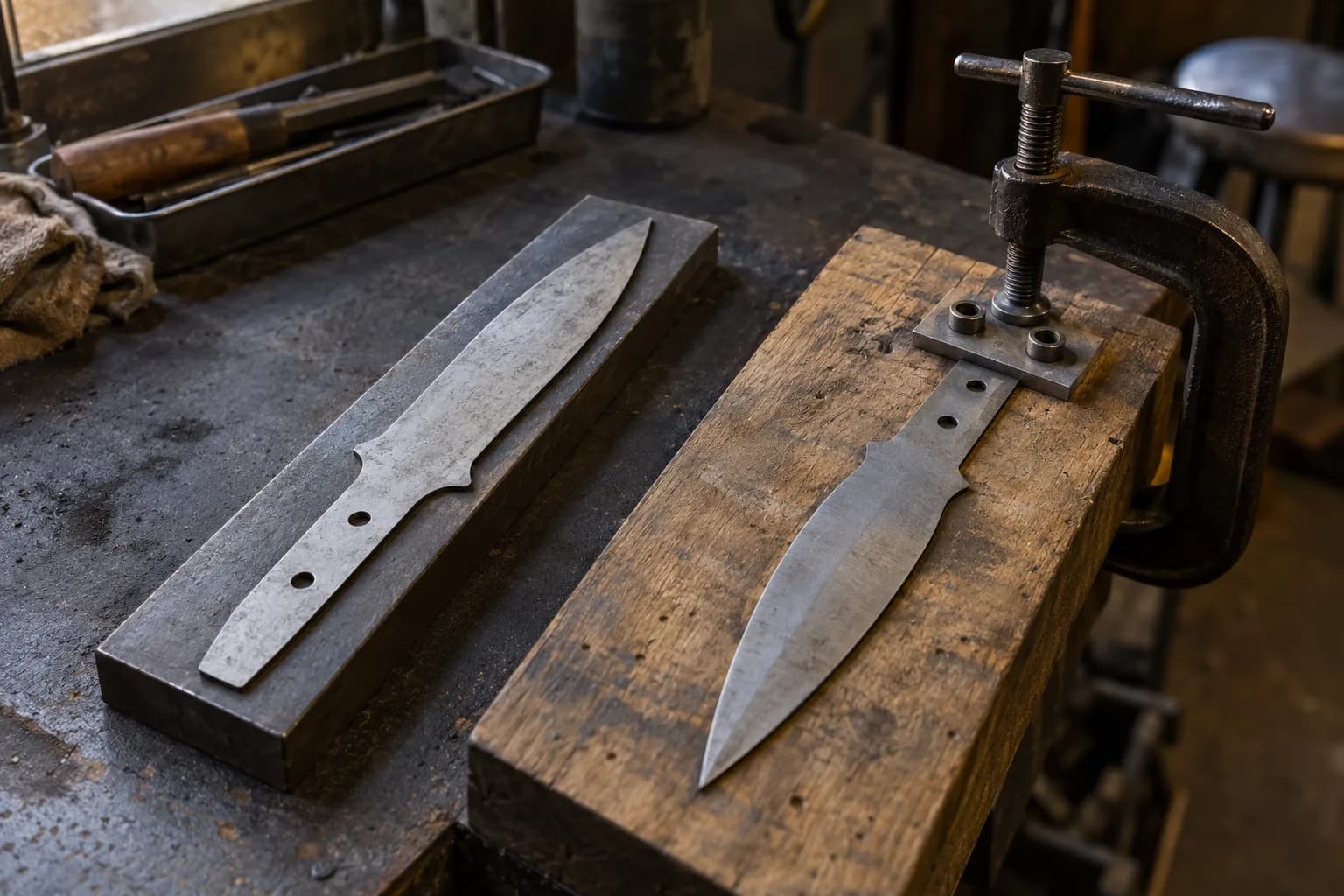 Flat steel dagger template with pin holes beside a blank clamped to a wood block under a two-bushing drill plate and C-clamp.