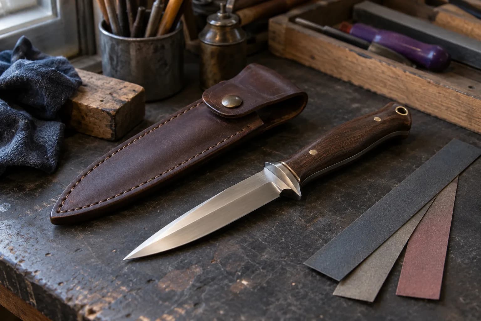 Satin-finished double-edged dagger with a dark wood handle beside a stitched leather sheath and three abrasive strips.
