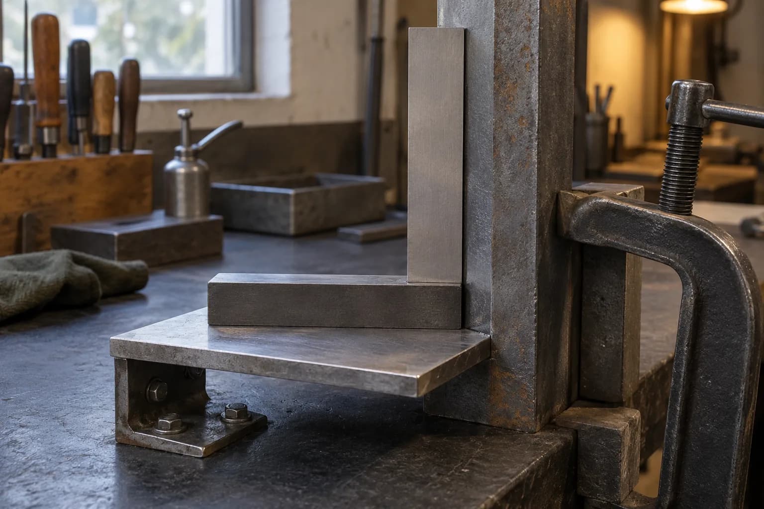 Steel machinist square with its stock on a bolted support plate and its blade flush against a clamped upright steel post