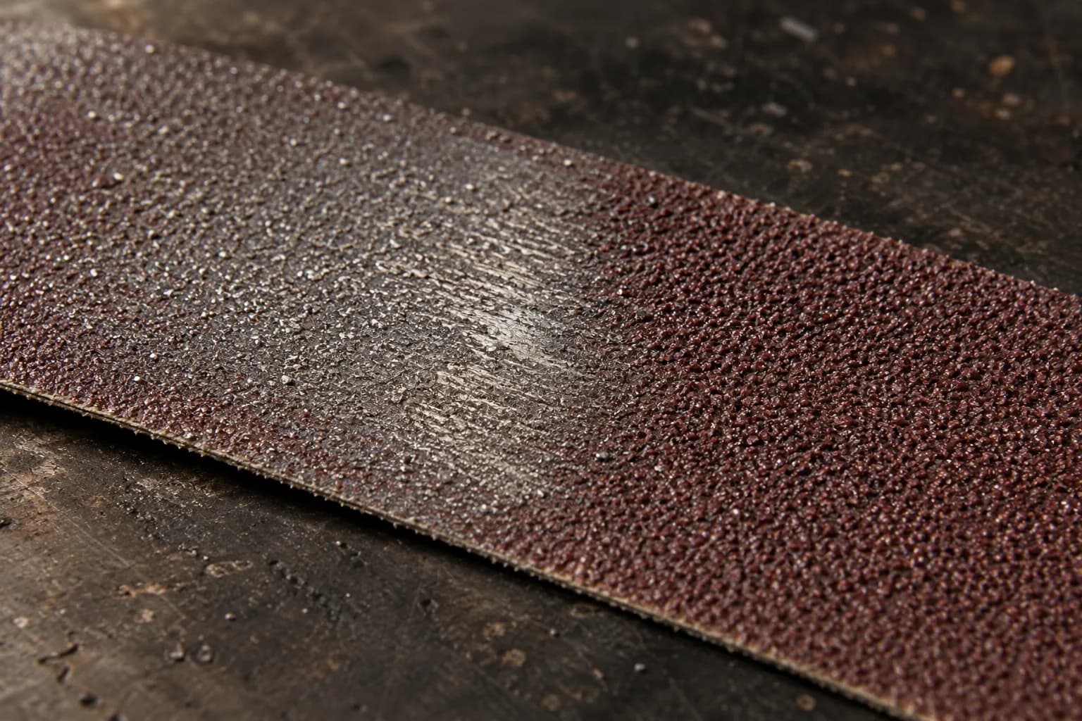 Close raking-light view of a removed abrasive belt with a glazed, flattened worn patch packed with silver swarf.