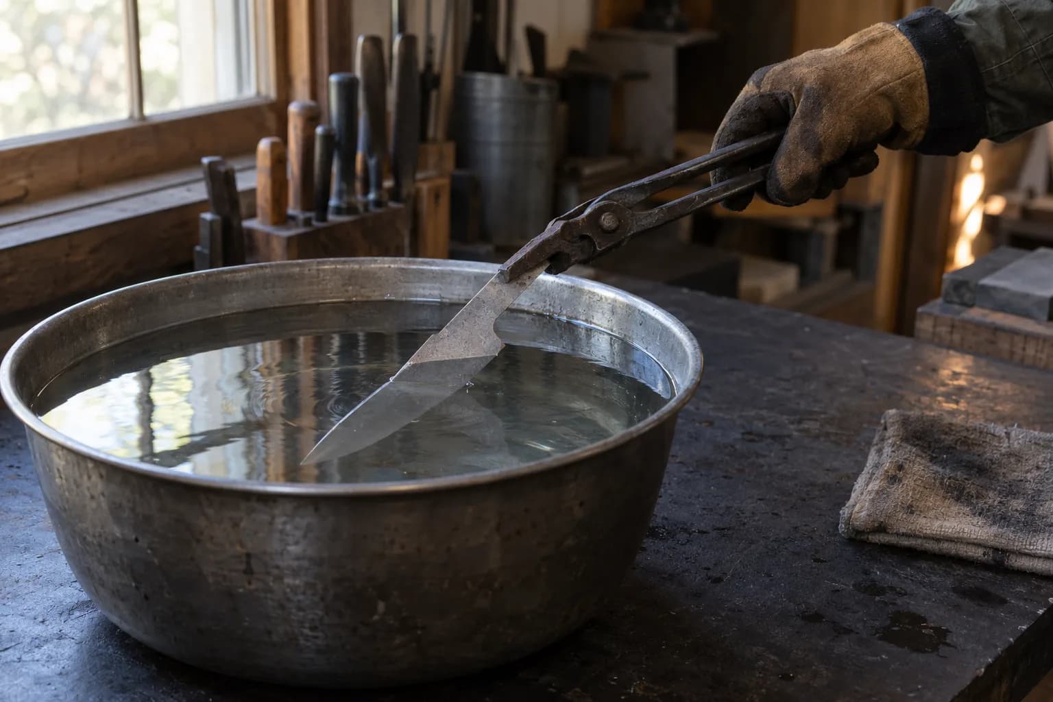 Gloved hand uses long tongs to lower a gray knife blank into a wide pan of water on a shop bench.