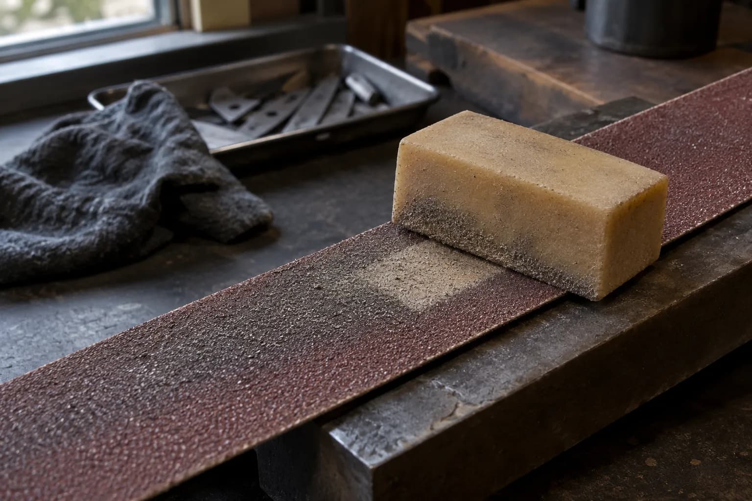 Rubber belt-cleaning eraser resting on a loaded abrasive strip, with a cleaner patch beside it, on a steel bench bar.