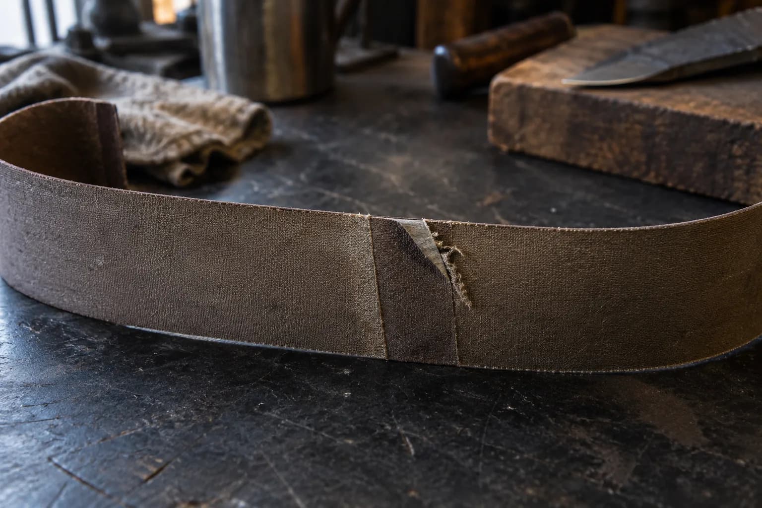 Back of a removed abrasive belt curved on a dark bench, its splice corner lifting beside a frayed tear.