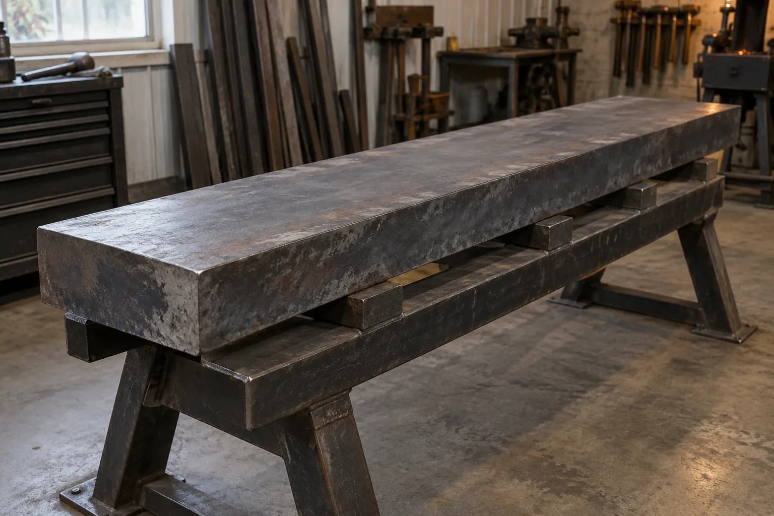 Long thick steel slab resting on small blocks over a welded steel trestle in a small metal shop bay
