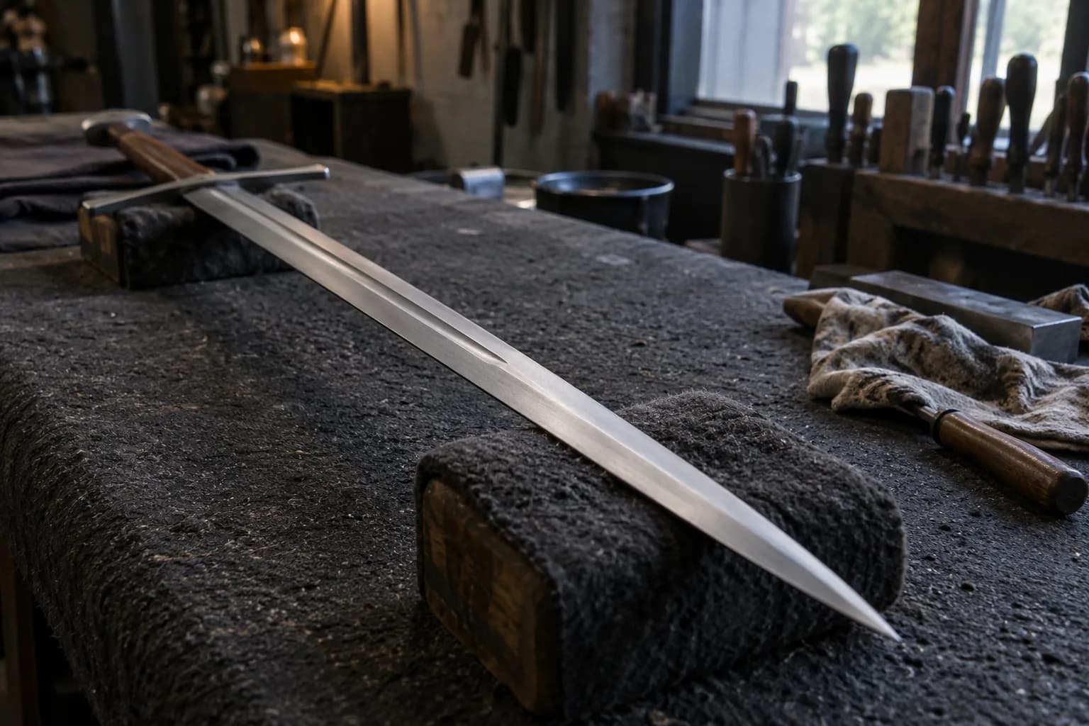Long sword blade with a fuller and taper to the point resting on padded blocks on a dark shop bench