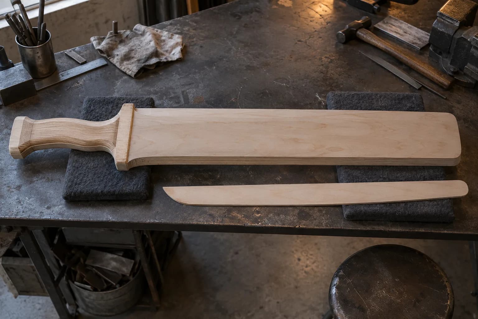 Broad blunt laminated wood blade form with an unfinished grip resting on felt pads beside a thin wood offcut on a steel bench