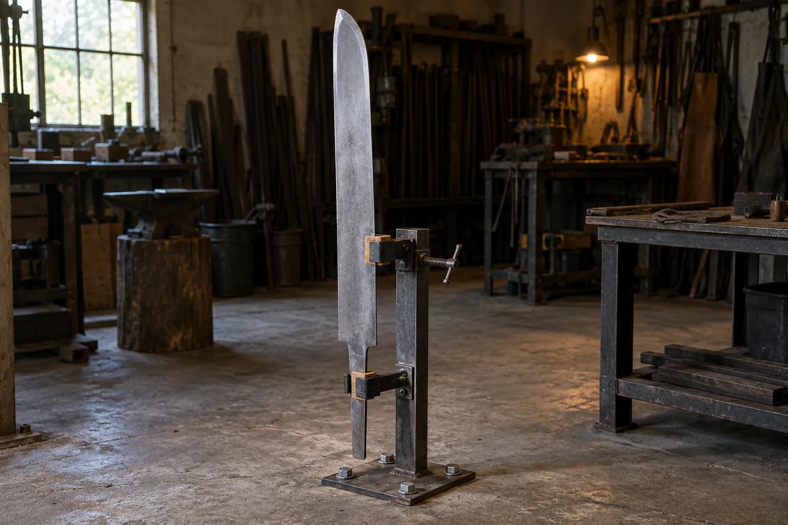 Broad plain steel sword blank held upright by two padded clamps on a welded stand bolted to a concrete shop floor