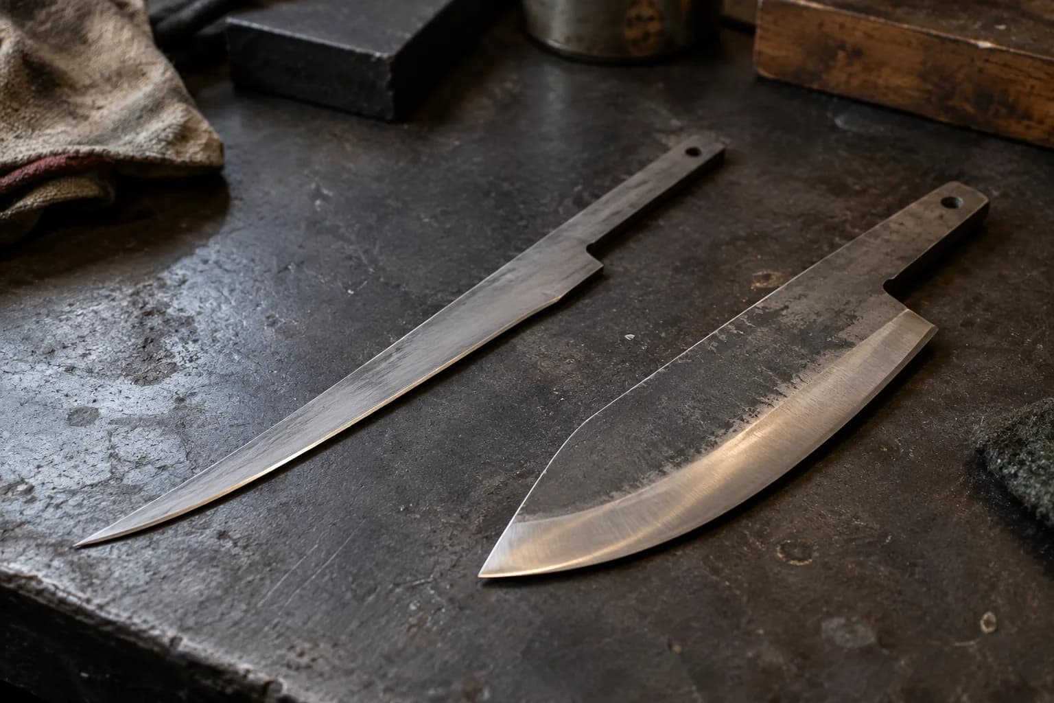 Thin fillet blank with a fine edge beside a stout forge-finished chopper with a broad convex edge band on a steel bench.