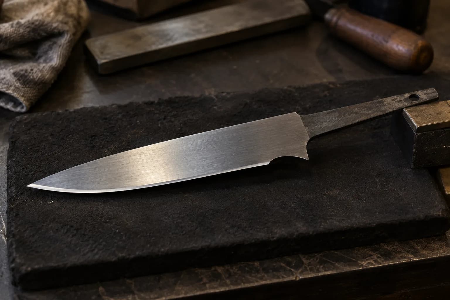 Full-flat-ground knife blade with a satin finish and a thin edge bevel, its forged tang resting on a brass block.