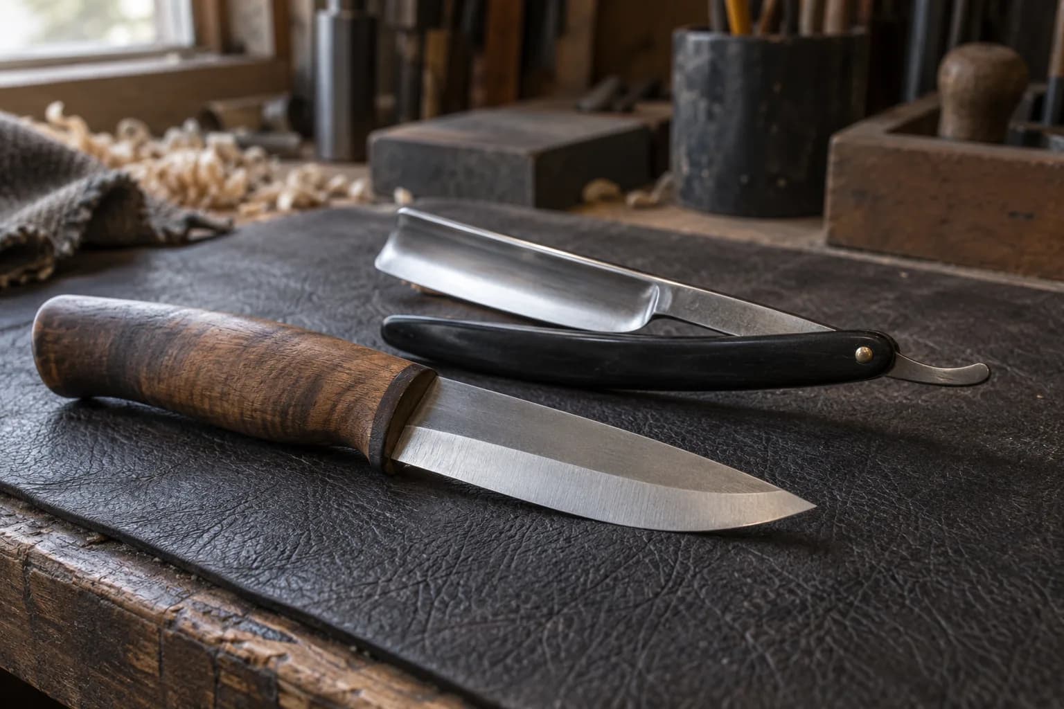 Scandi-ground bushcraft knife with a wood handle beside a hollow-ground straight razor with black scales on a leather pad.