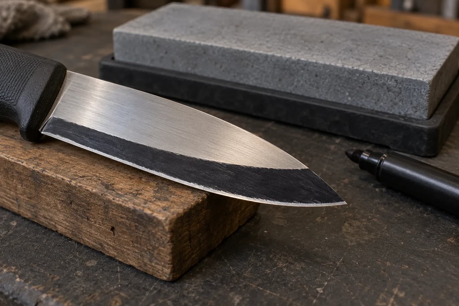 Knife bevel coated in black marker with a thin bright strip along the edge where the stone cut, sharpening stone and marker behind.