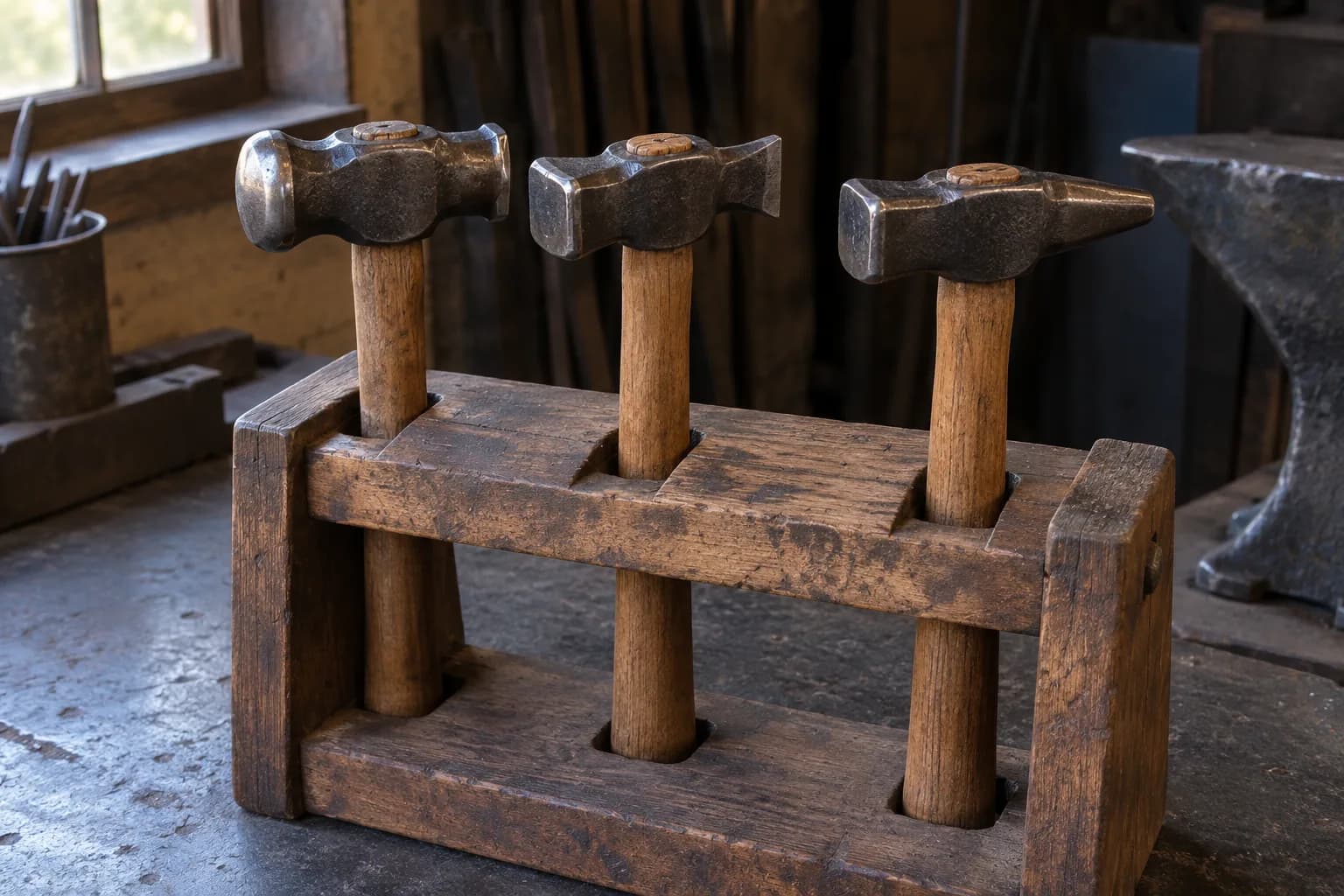 Three forging hammers in a wooden rack: a rounding hammer, a straight peen and a cross peen, with an anvil behind