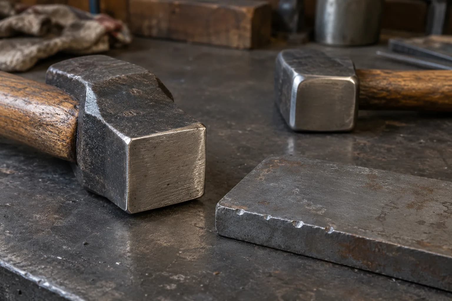 Sharp-cornered hammer face beside a steel bar with small half-moon dents on its edge, and a second hammer behind.