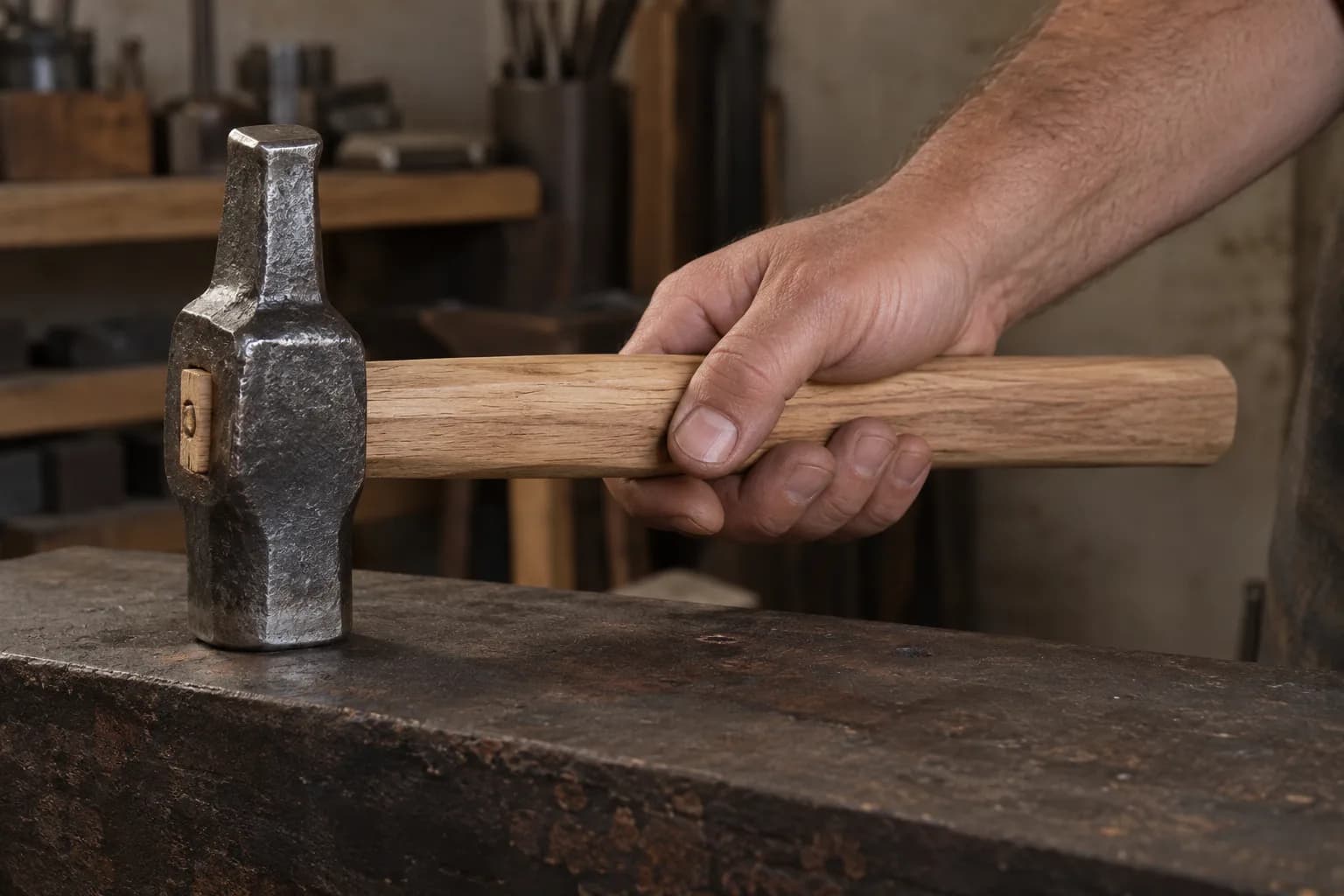 Hand gripping a pale wooden hammer handle, the head standing on a steel block with the wood wedge in its eye.