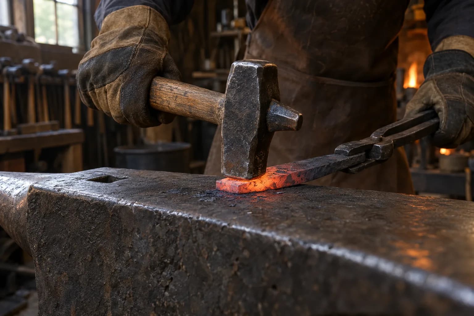 Gloved smith lowers a cross-peen hammer onto a glowing orange flat bar held on an anvil with long tongs
