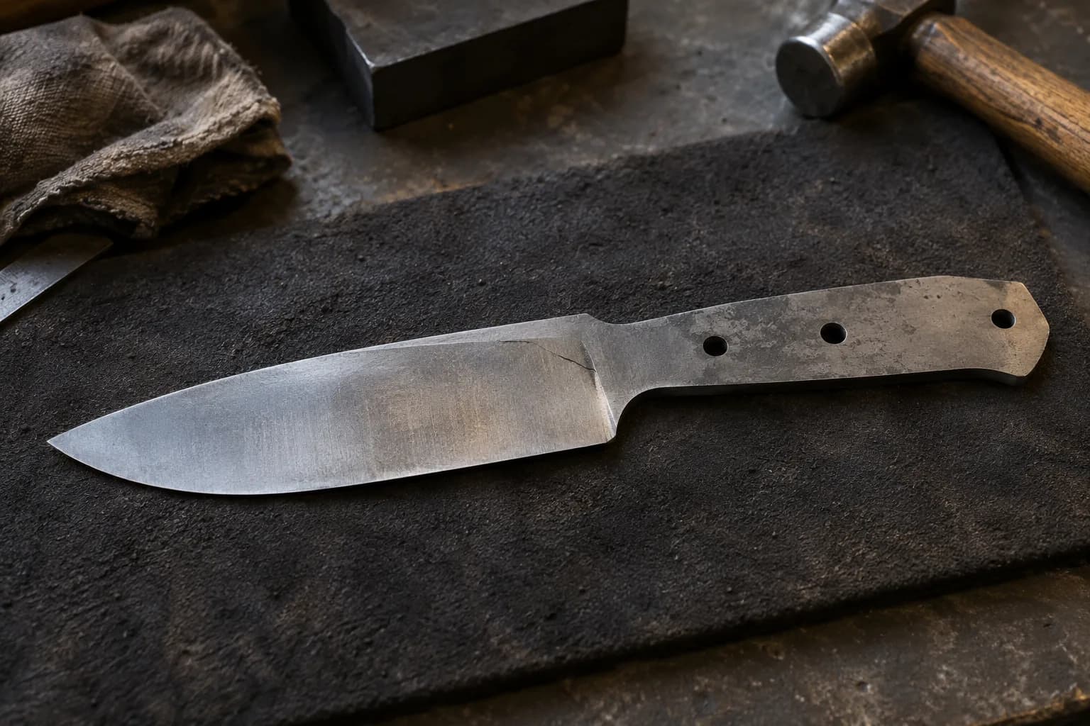 Cooled gray knife blank on a dark pad with a fine hairline crack running to the plunge, steel block and hammer behind