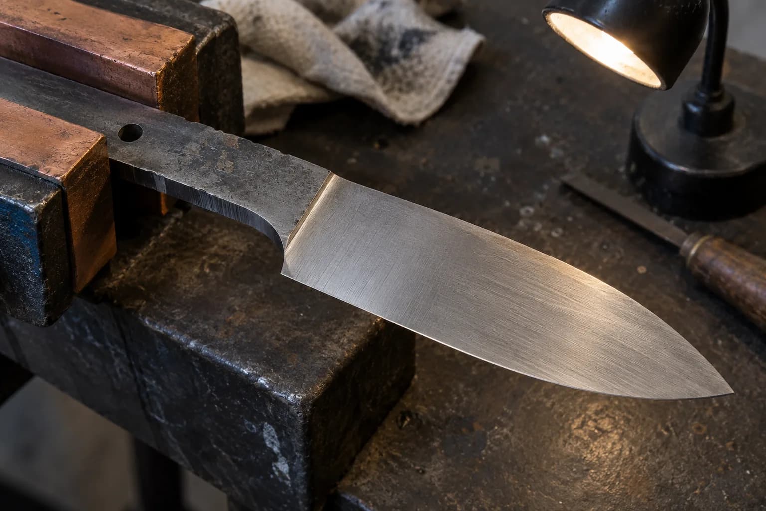 Cold gray blade clamped by its tang in copper soft jaws, sharp plunge step lit by a small gooseneck inspection lamp