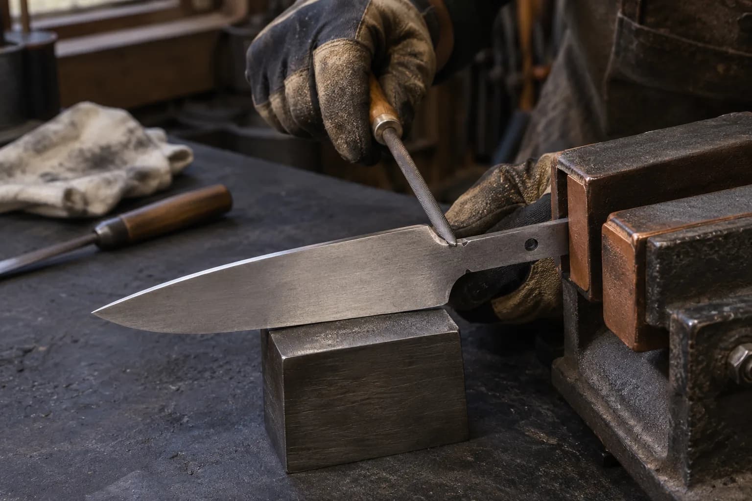 Gloved hand filing the internal shoulder corner of a gray knife blank held by its tang in copper vise jaws