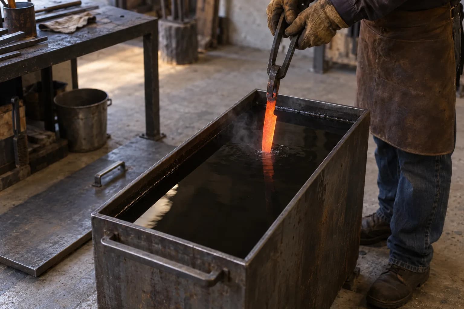 Gloved smith lowers a glowing orange knife blank point-first on long tongs into a steel oil tank, with the lid nearby.