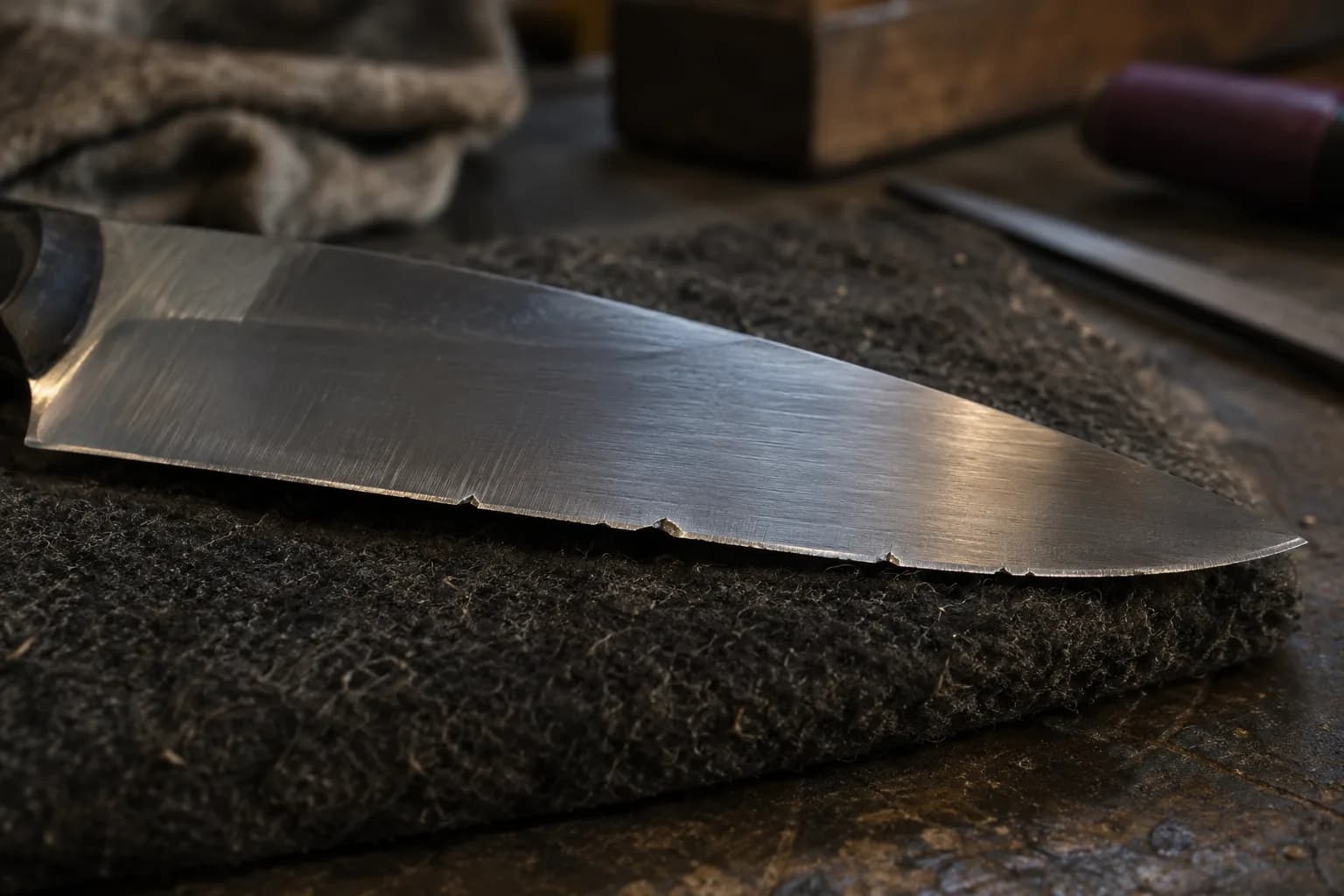 Finished knife blade resting on a dark felt pad, with several small irregular chips missing along its cutting edge.
