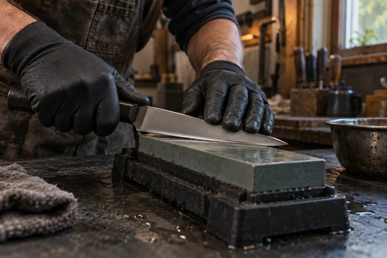 Gloved hands hold a knife edge against a wet bench stone seated in a nonslip holder during a reprofile pass.