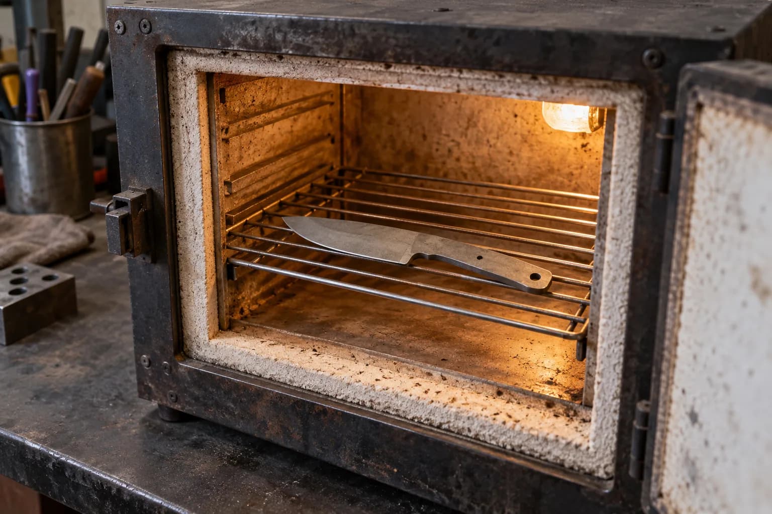 Gray hardened knife blank with a tang hole lying on a wire rack inside an open, lamp-lit workshop tempering oven.