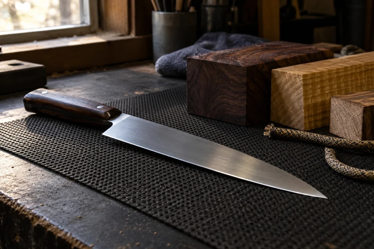 Thin slicer knife with a rosewood handle rests on a mesh bench pad beside hardwood blocks and a length of frayed paracord.