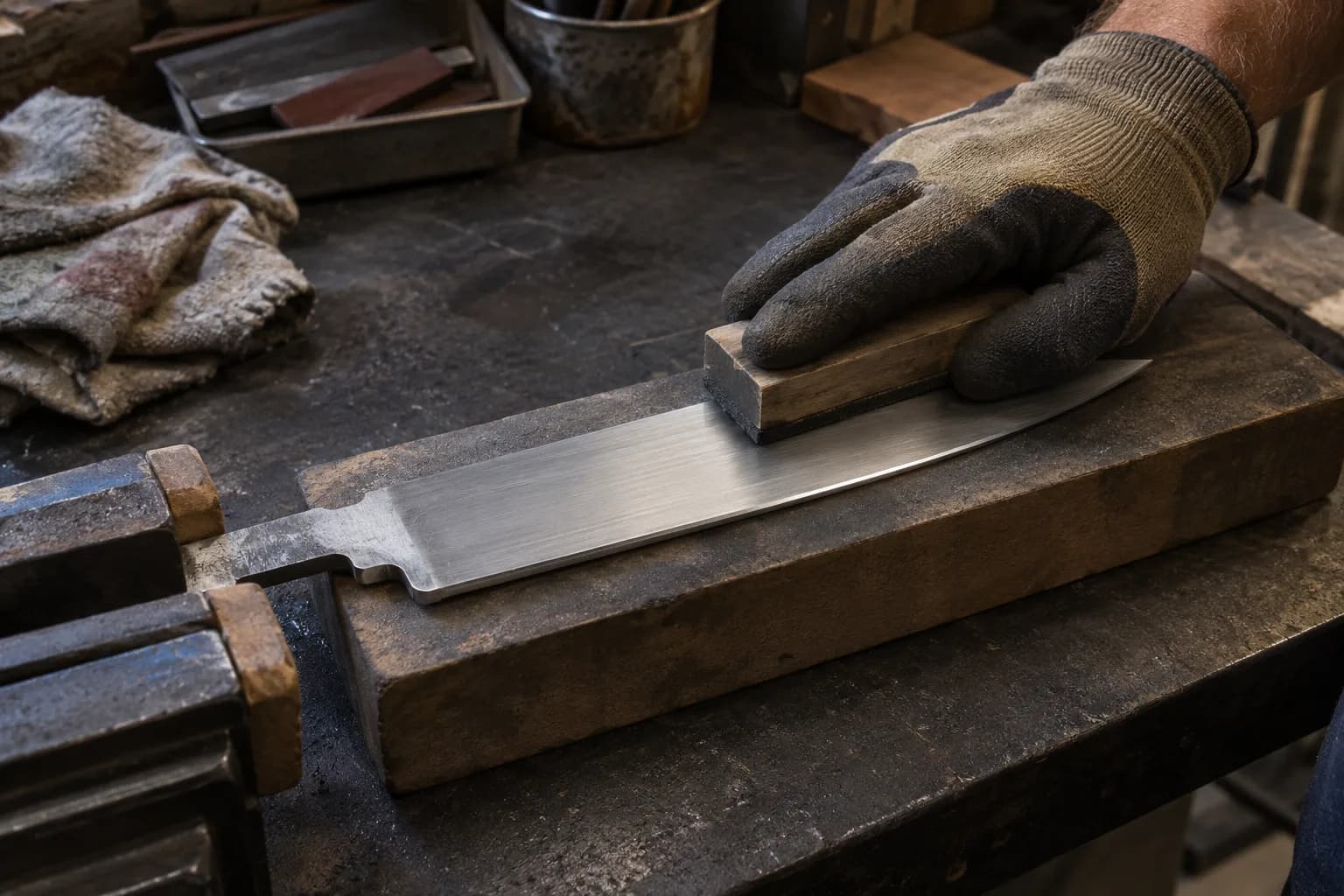 Gloved hand sliding a sanding block along a flat knife blade held by its tang in padded jaws on a dark bench.