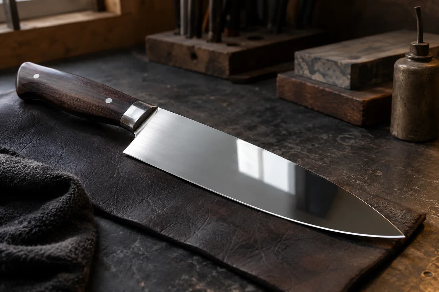 Mirror-polished chef knife on a dark leather pad, its blade face reflecting a single bright window shape.