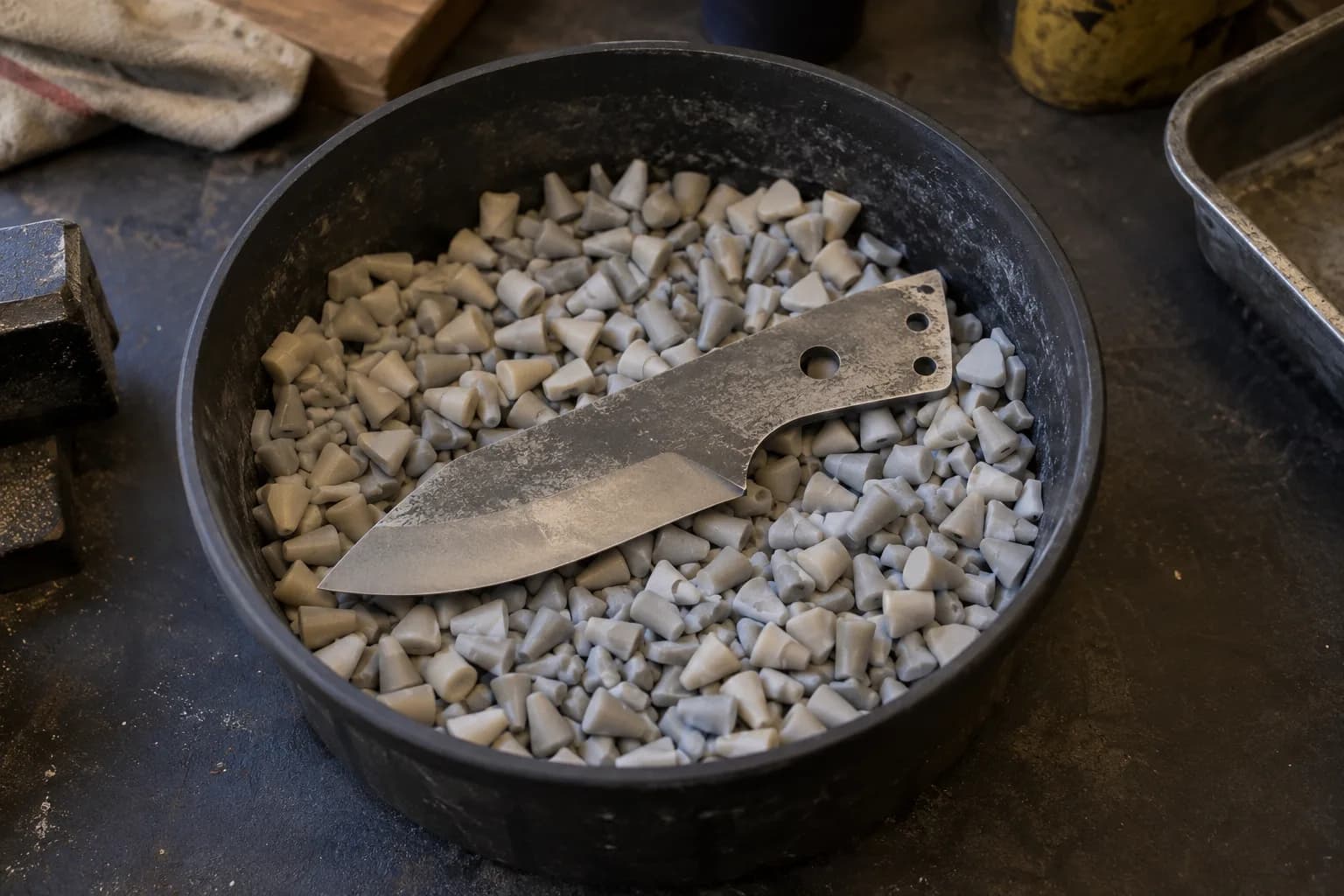 Stonewashed knife blank with pin holes lying on grey ceramic cone tumbling media in a black bowl on a dark bench.