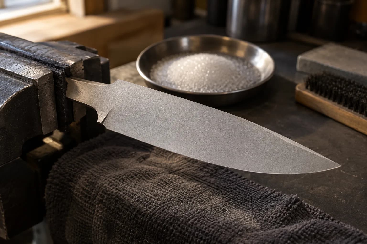 Bead-blasted knife blade with an even matte face, clamped in a vise beside a dish of fine glass beads.